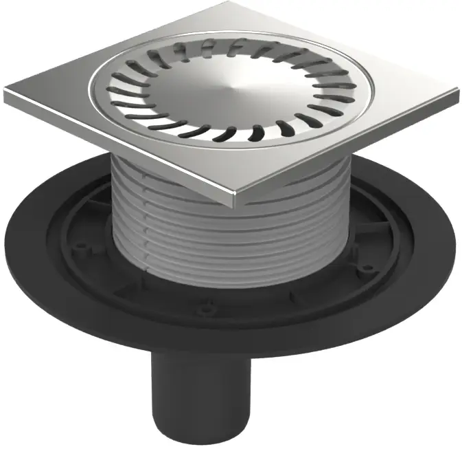 Душевой трап AZARIO DN50 15х15см, пластиковый, вертикальный слив, универсальный, решетка из нержавеющей стали (AZ-384 E)