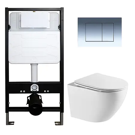Сет: Инсталляция для подвесного унитаза AZARIO FORTE + подвесной унитаз Azario Grado безободковый, слив "скрытое Торнадо + Кнопка смыва AZARIO FORTE хром глянцевый (AZ-100-100F+AZ-0046-UQ3+AZ-100-002F)