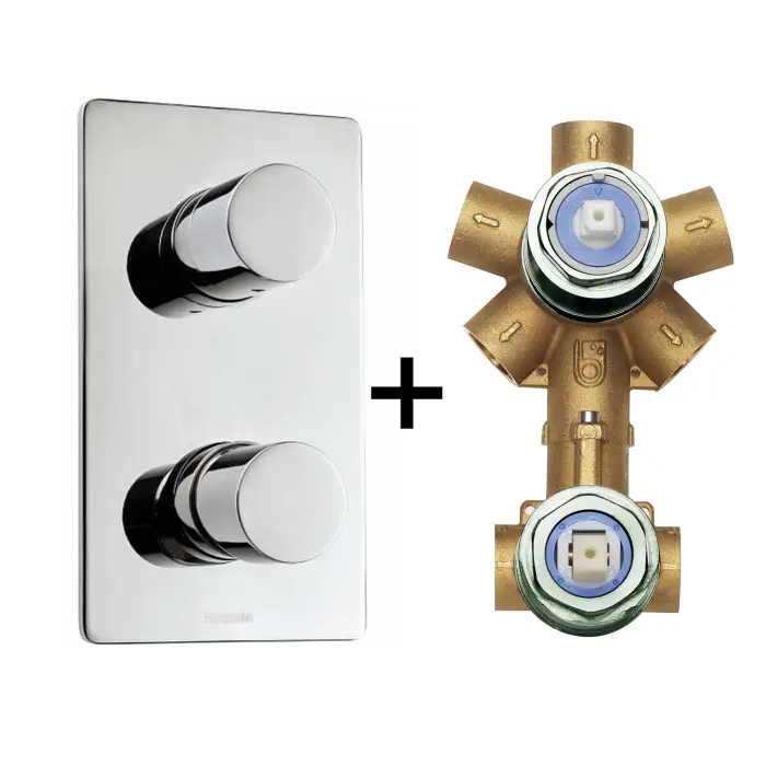 Комплект Bossini CUBE Смеситель для душа, встраиваемый, внешняя часть, хром + Универсальная встроенная часть для механического смесителя на 2-5 источников (Z00004.030+Z00130)