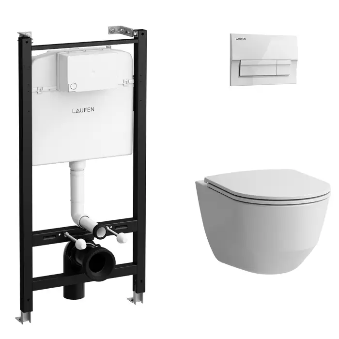 ПЭК Laufen PRO чаша унитаза подвесная Rimless с инсталляционной системой, тонким сиденьем микролифт  и белой клавишей смыва (Z.RU93.0.761.6)