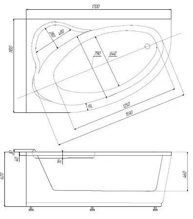 LAURA Ванна акриловая асимметричная 170х110 см ЛЕВАЯ СХЕМА