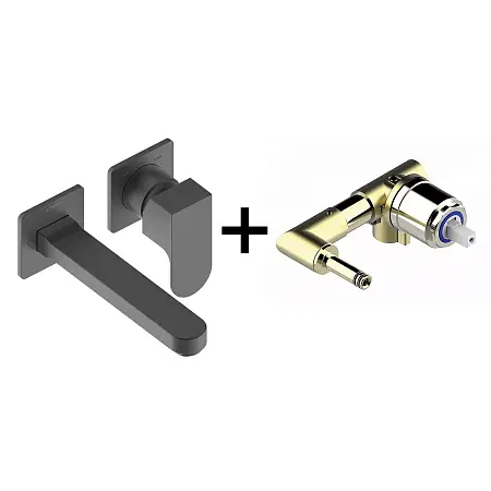 Комплект Bossini TEO Смеситель для раковины, настенный, встраиваемый, с изливом 18.5 см, черный матовый + Встраиваемая часть однорычажного смесителя (Z00732.073+Z00801)