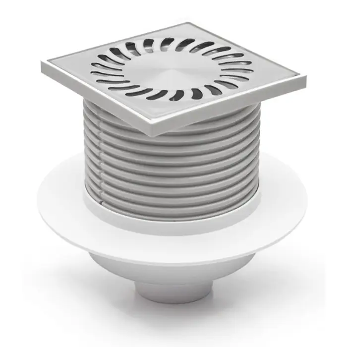 Душевой трап AZARIO DN50 12,2х12,2см, пластиковый, с воротником, вертикальный слив, универсальный, решетка из нержавеющей стали (AZ-420 X L)